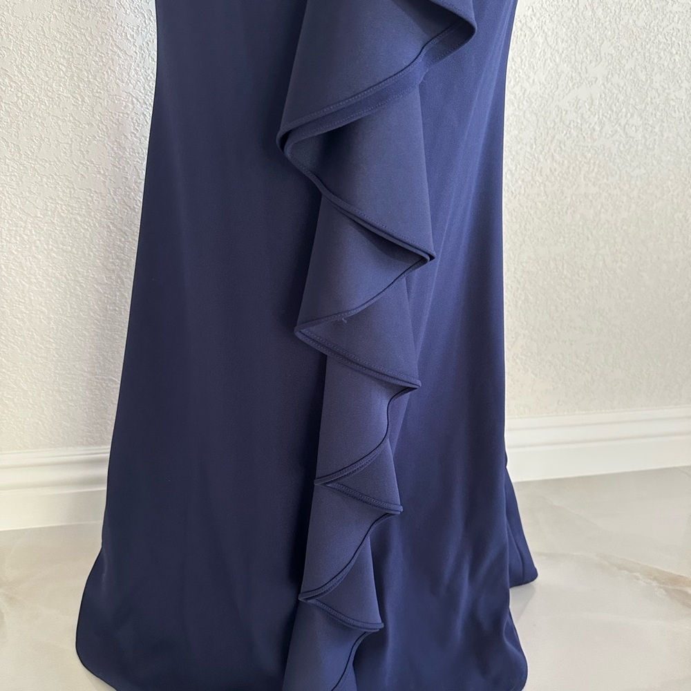 Betsy & Adam Navy Blue Off-Shoulder Ruffle Back Mermaid Gown - Picture 3 of 8